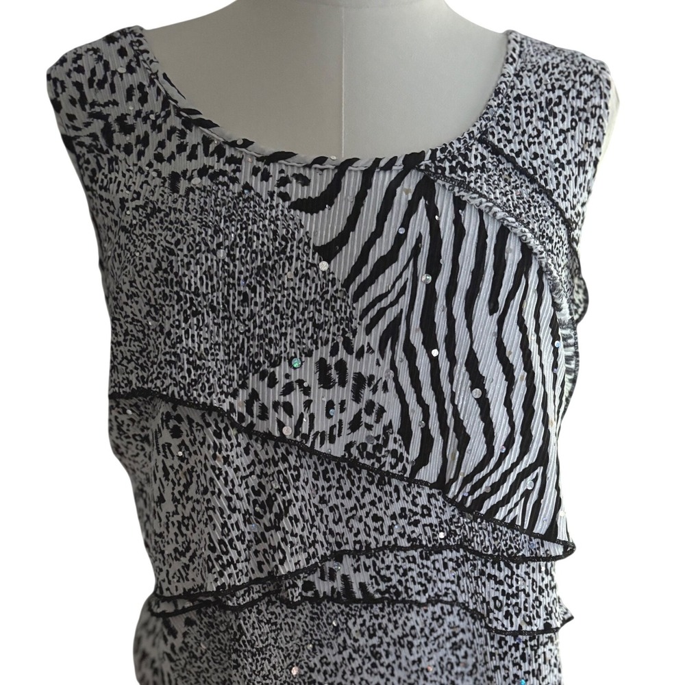 Keren Hart Womens XL Animal Print Sequin Plisse Tiered Sleeveless Blouse Black